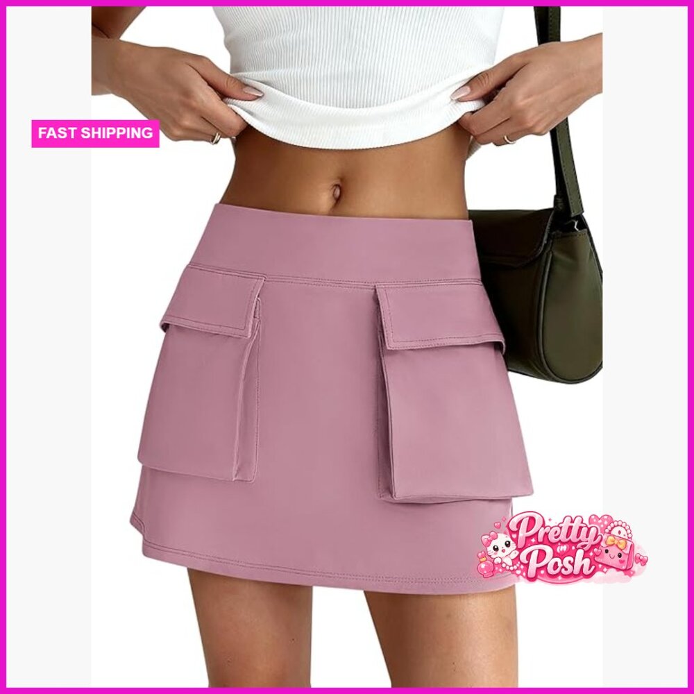 Polyester Spandex Blend High Waisted Wrap Cargo Skort With Pockets